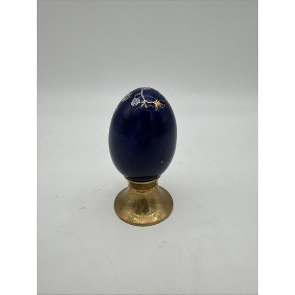 Multi- blue Tree Print Gold Gilded Egg with Brass Stand. - Picture 3 of 8